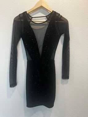 Mystic Black Sparkle Mesh Deep-V Midi Dress Y2K